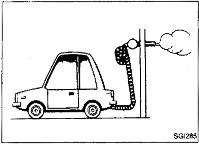 Line-art of a car in an enclosed garage with an exhaust hose routed out a window, illustrating the need for proper exhaust ventilation when running the engine.