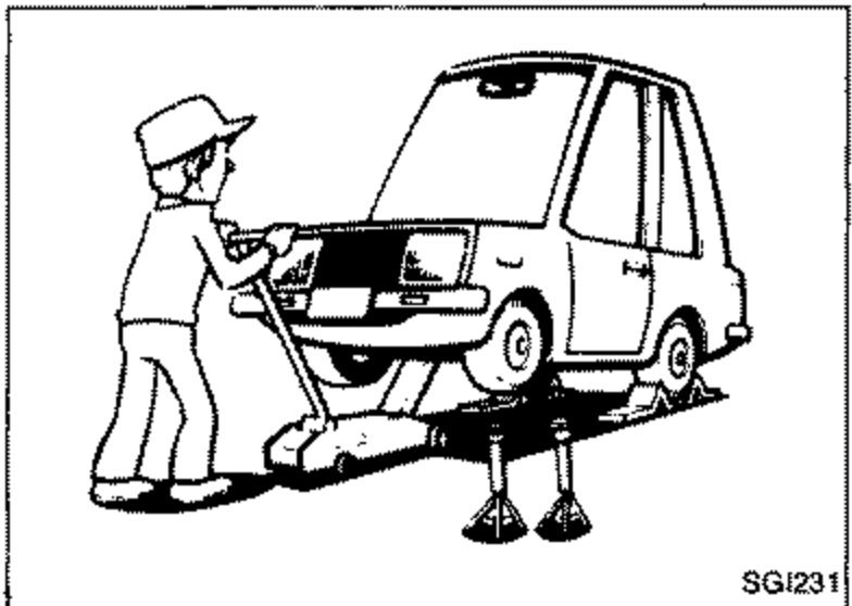 Line-art of a technician working under a car raised on safety stands with wheel chocks, illustrating proper jacking and supporting of the vehicle.