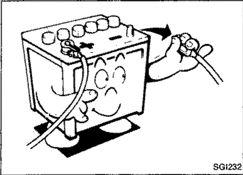 Line-art of a battery with a ground cable being disconnected, illustrating turning off the ignition and disconnecting the battery ground cable before repairs.