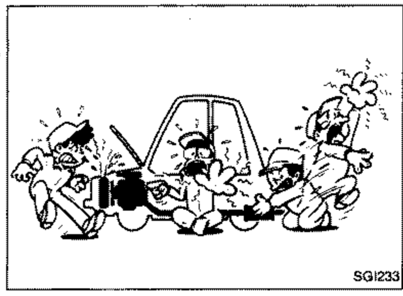 Line-art warning illustration of hot engine parts and steam, illustrating the risk of burns from radiator, exhaust manifold, tail pipe and muffler.
