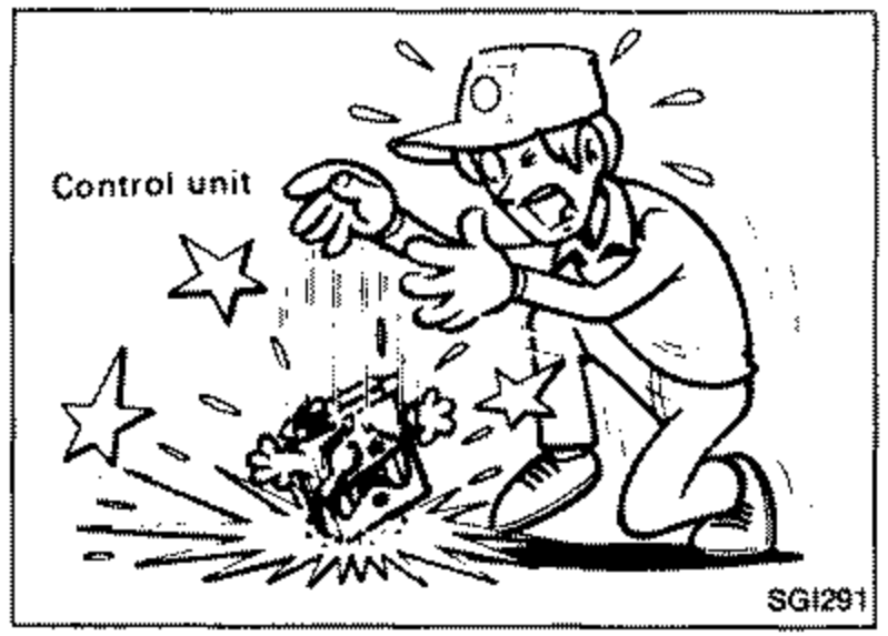 Line-art warning illustration of static electricity / electrical shock near a control unit, illustrating care with EFI/ECCS electronic control components. Callout labels 'Control unit'.