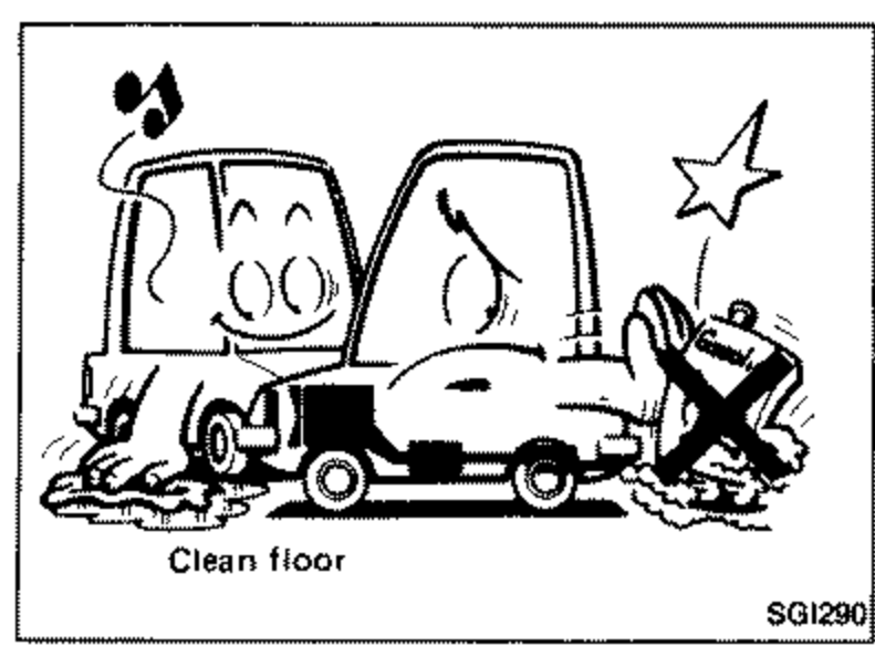 Line-art warning illustration of a vehicle near a fire/inflammable hazard, illustrating catalyst overheating precautions. Callout labels 'Clean floor'.