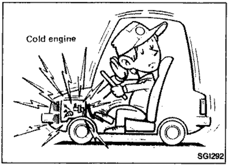 Line-art of a technician operating a vehicle with a cold engine, illustrating turbocharger oil-supply and idling precautions. Callout labels 'Cold engine'.