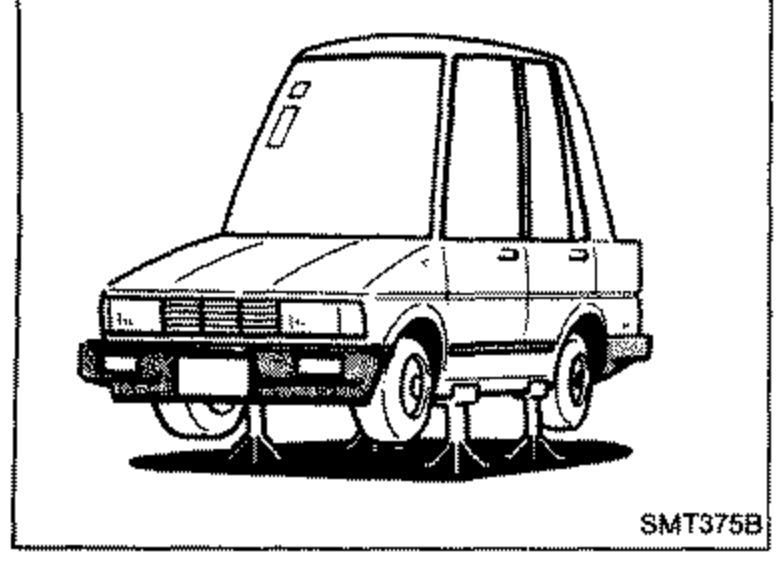 Side view of the vehicle jacked up on stands so all four wheels can rotate. Illustrates step 1.