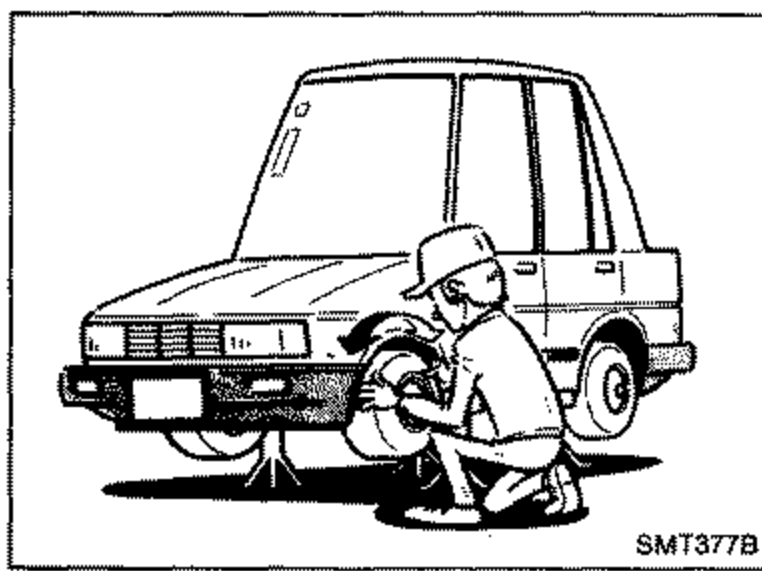 Side view of the vehicle on stands with a technician crouching at a front wheel, checking that brakes are not dragging on any wheel. Illustrates step 3.