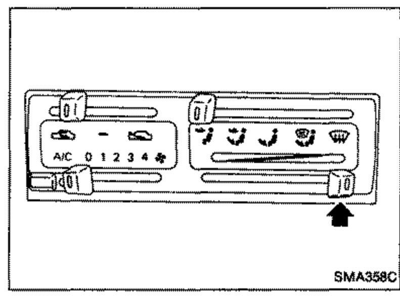 Heater/air-conditioner control panel illustration. An arrow points up at the temperature control lever, indicating it should be moved all the way to the 'HOT' position. Panel shows A/C and fan-speed (0,1,2,3,4) controls.