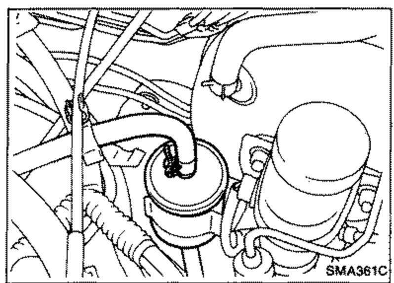Engine-compartment view showing the fuel filter (GA16DE model) location with fuel hoses connected.