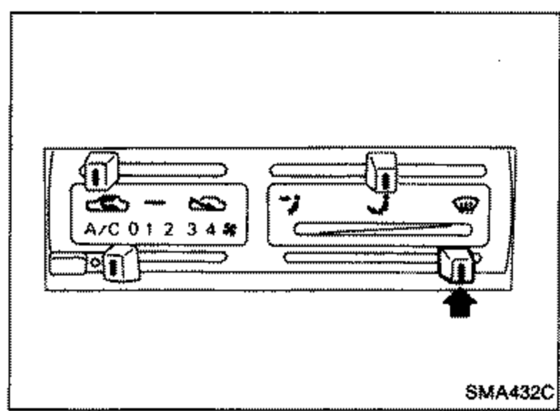 Illustration of the heater/air conditioner control panel showing the 'TEMP' control lever and A/C fan speed positions (0 1 2 3 4). An arrow points up to the temperature control lever to be moved all the way to 'HOT'.