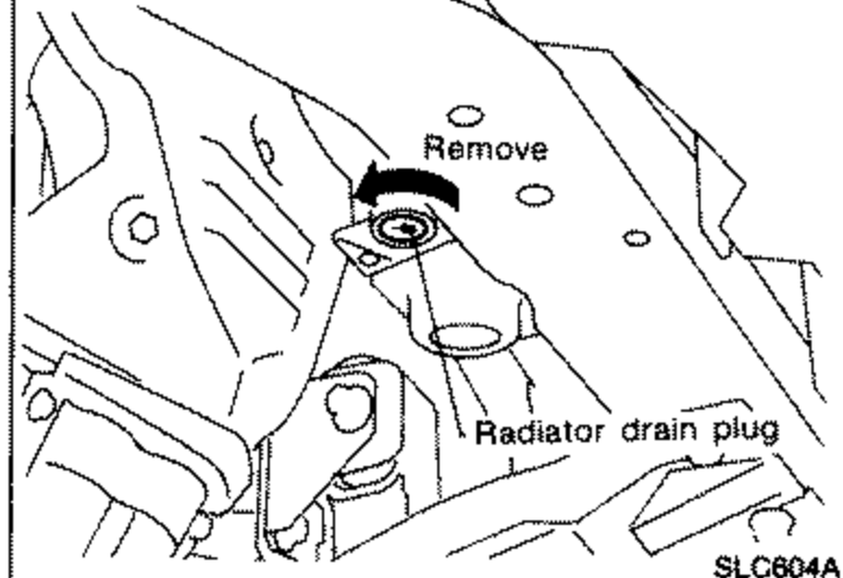 Engine bay view of the radiator drain plug area. A 'Remove' arrow points to the radiator drain plug at the bottom of the radiator.