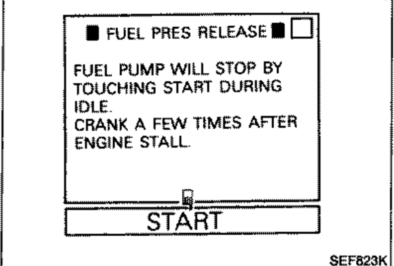 CONSULT screen display showing 'FUEL PRES RELEASE' work support mode with message 'FUEL PUMP WILL STOP BY TOUCHING START DURING IDLE. CRANK A FEW TIMES AFTER ENGINE STALL.' and a 'START' button.