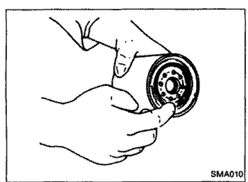 Hands coating the rubber seal of a new oil filter with engine oil before installation.