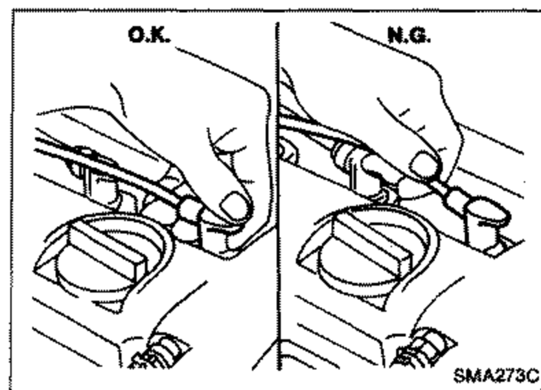 Comparison of spark plug electrode condition showing 'O.K.' and 'N.G.' examples, disconnecting ignition wires from spark plugs at the boot.