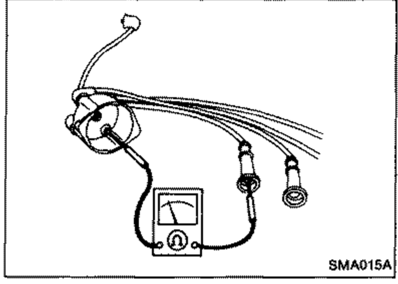 Measuring ignition wire resistance with an ohmmeter connected across an ignition wire/distributor cap assembly.