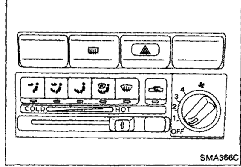 Illustration of the heater control panel showing the TEMP control lever and climate control buttons, used to set the heater TEMP control lever to the HOT position when changing engine coolant.