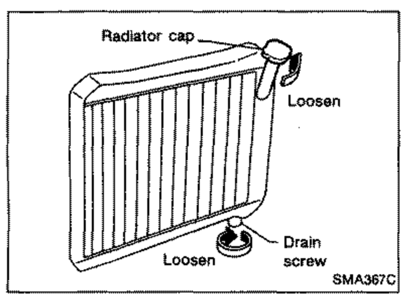 Radiator illustration showing the radiator cap at the top and the drain screw at the bottom. Labels indicate to loosen the radiator cap and loosen the drain screw.