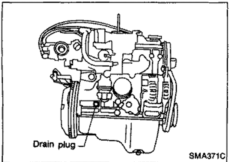 Cylinder block illustration showing the location of the drain plug on the engine block.