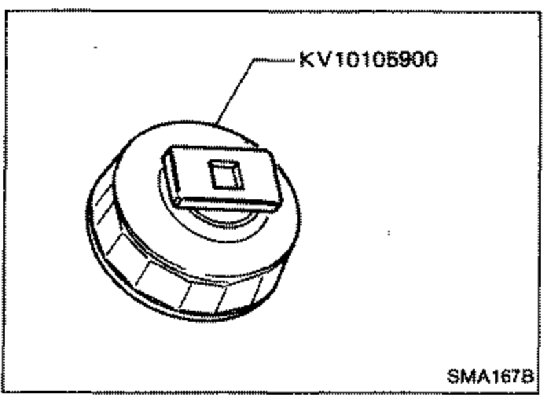 Illustration of oil filter wrench tool KV10105900 used to remove the oil filter.