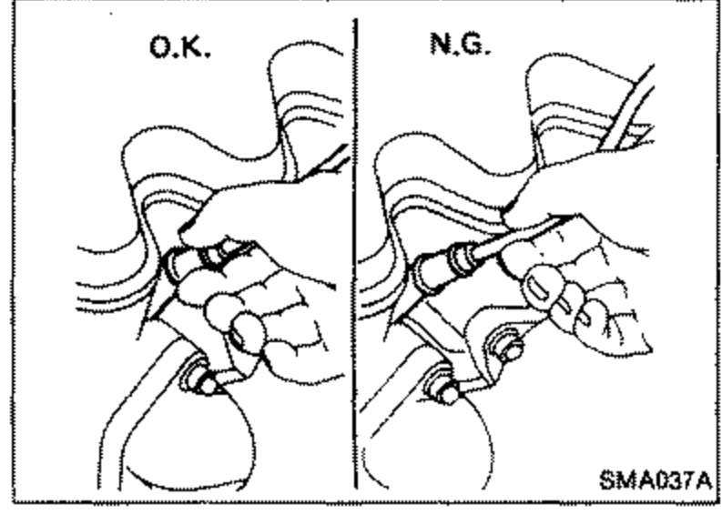 Comparison illustration showing O.K. and N.G. ways to disconnect ignition wires from spark plugs by pulling on the boots rather than the wires.