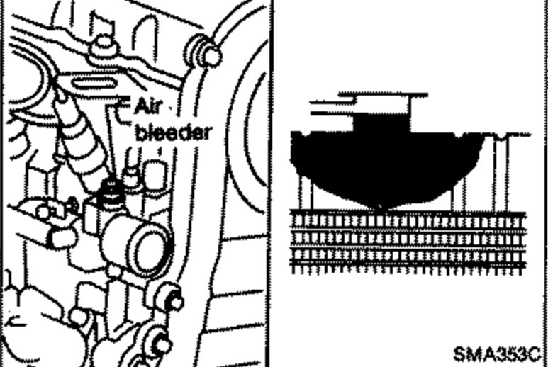 Line drawing of the intake manifold area showing the location of the 'Air bleeder' to be opened when filling coolant, with a leader line pointing to it.