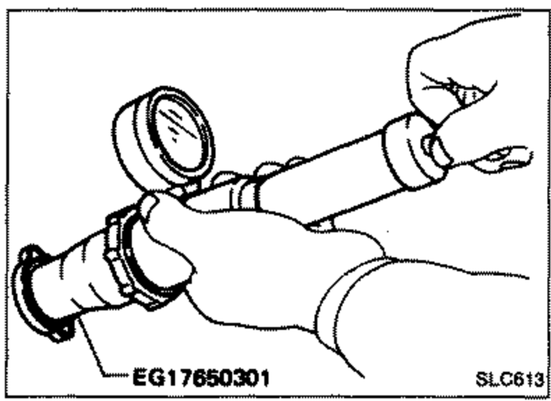 Line drawing of a hand attaching a radiator cap tester to the radiator filler neck to check the cap relief pressure. Tool reference EG17650301 also shown at bottom left.