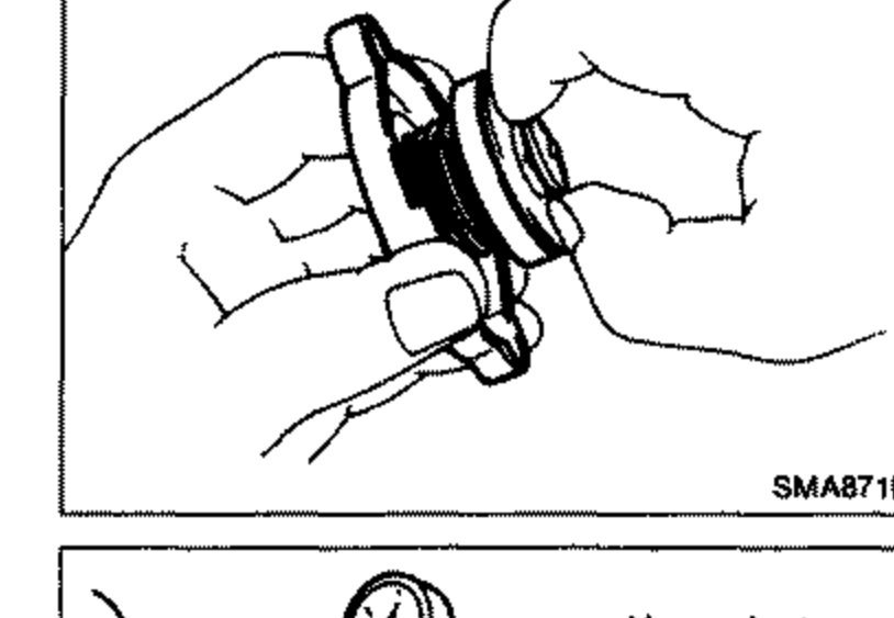 Line drawing of a hand holding the radiator cap, pulling the negative-pressure valve to check that it closes completely when released.