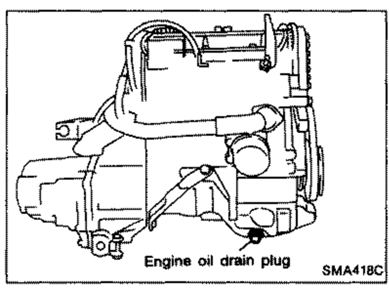 Line drawing of the engine showing the 'Engine oil drain plug' location at the bottom of the oil pan, with a leader line pointing to it.