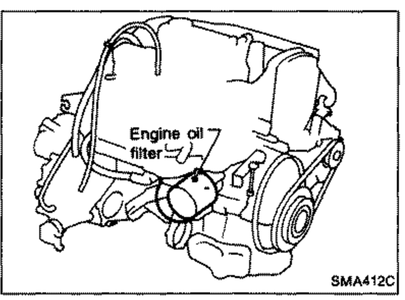 Line drawing of the engine showing the 'Engine oil filter' location, with a leader line pointing to it, illustrating oil filter removal.