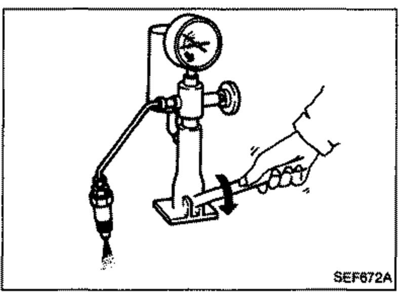 Line drawing of the injector mounted on a pressure tester with a gauge, with a hand pumping the tester handle to check initial injection pressure.
