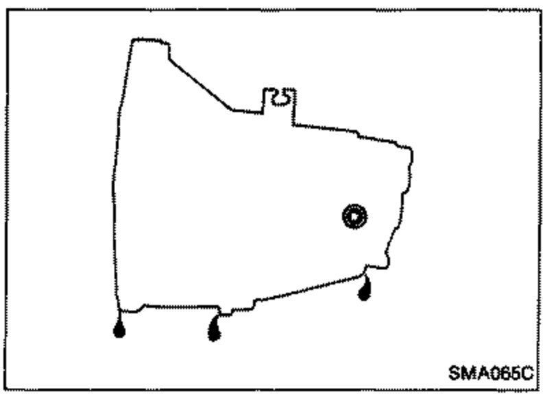 Line drawing of the manual transmission case showing the oil filler/drain points (marked with an X) used to check for oil leaks.