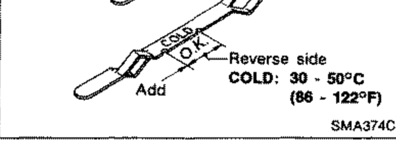 A/T dipstick illustration showing front side and reverse side. Front side HOT range 50-80C (122-176F) and reverse side COLD range 30-50C (86-122F), with 'Add' markings on both sides.