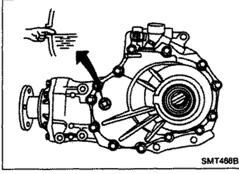Transfer case illustration showing the oil level check point with an arrow pointing to it.