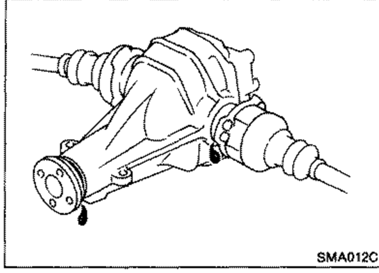 Rear differential carrier assembly showing the housing, with an arrow at the lower area indicating the oil leakage check point.
