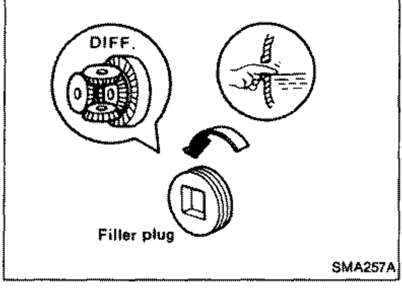 Differential filler plug area, magnified inset showing oil level on a finger. Labels 'DIFF.' and 'Filler plug'.