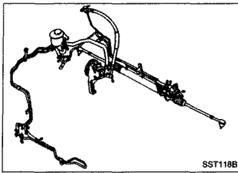 Power steering lines and hose routing across the steering gear assembly.