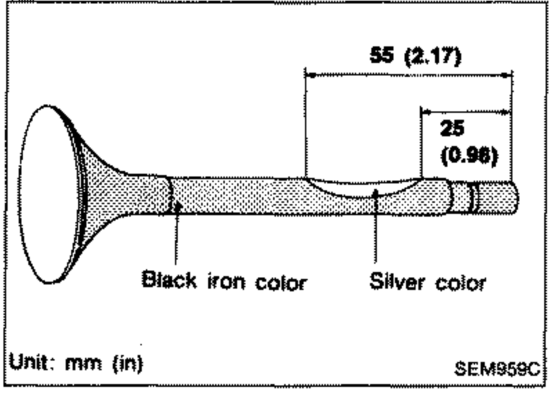 Side-profile illustration of an exhaust valve showing where to cut. Dimensions: overall section 55 (2.17) and a 25 (0.98) segment. Labels indicate 'Black iron color' and 'Silver color' regions of the valve stem to guide grinding until the silver-colored metal appears. Unit: mm (in).