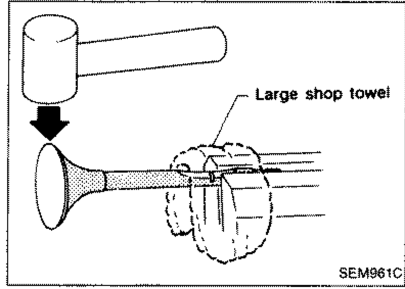 Illustration showing the serrated end of a valve covered with a large shop towel, with a hammer (shown by a downward arrow) striking the valve face end to separate it into two pieces.