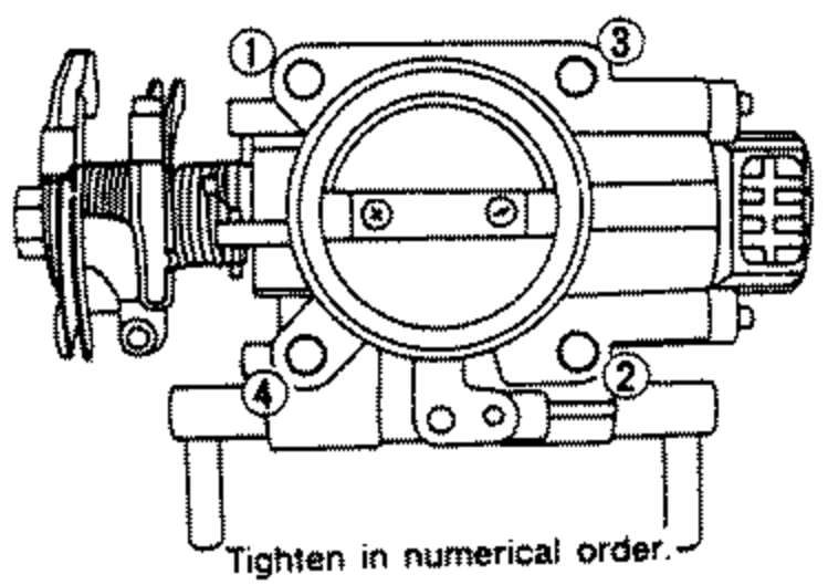 Throttle chamber bolts tightening illustration. Shows the throttle chamber with four numbered bolt positions (1-4). Caption: 'Tighten in numerical order.'