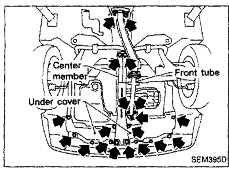 Underbody view showing center member, front tube, and undercover with bolt locations marked for removal. Labels: 'Center member', 'Front tube', 'Under cover'.