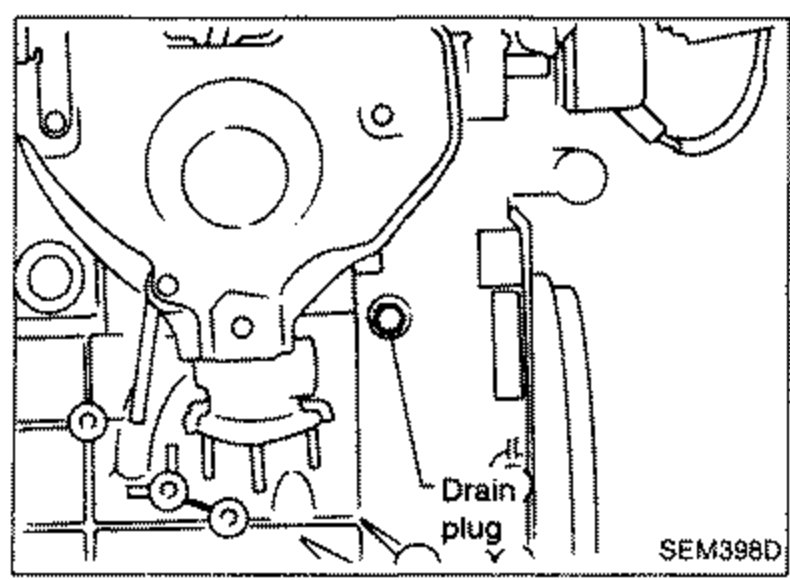 Engine front view showing the drain plug location for draining engine coolant from radiator and cylinder block. Label: 'Drain plug'.