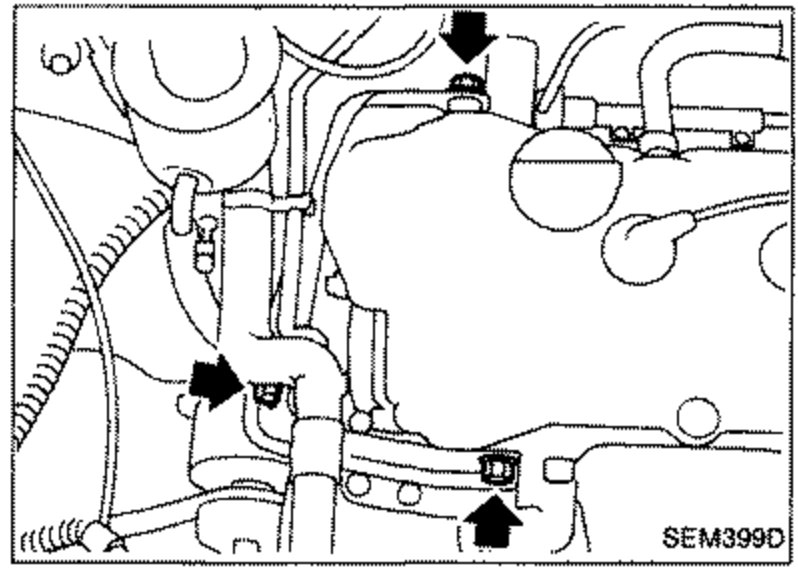 Engine front view with arrows indicating the engine front mounting bracket bolt locations to be removed.