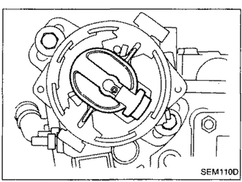 Photo of the distributor mounted on the cylinder head showing the rotor position used to confirm No. 1 cylinder at T.D.C.