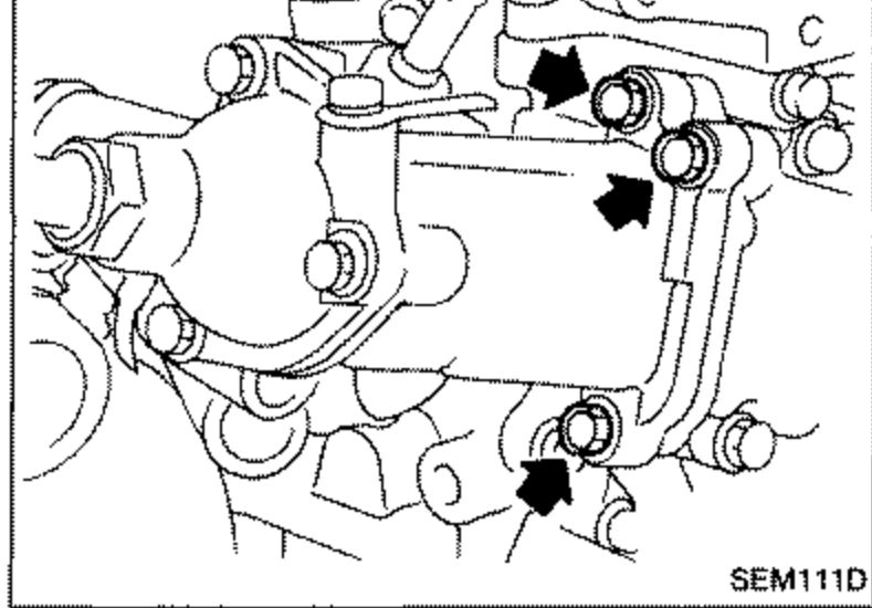 Photo of the thermostat housing area with arrows pointing to the mounting bolts to be removed.