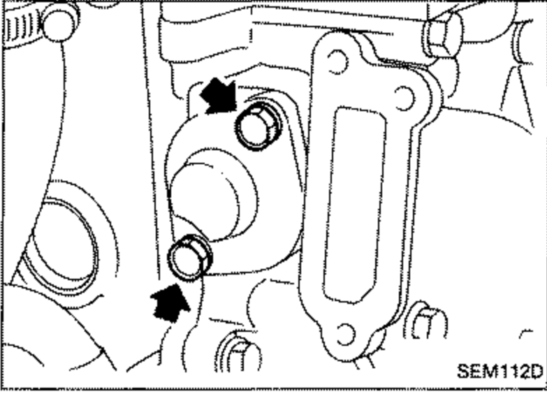 Photo of the chain tensioner with arrows pointing to its mounting bolts.