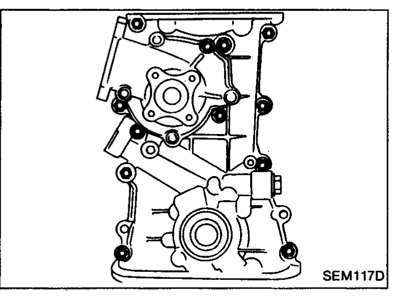 Photo of the front cover with the front cover bolts visible; one bolt is located on the water pump.