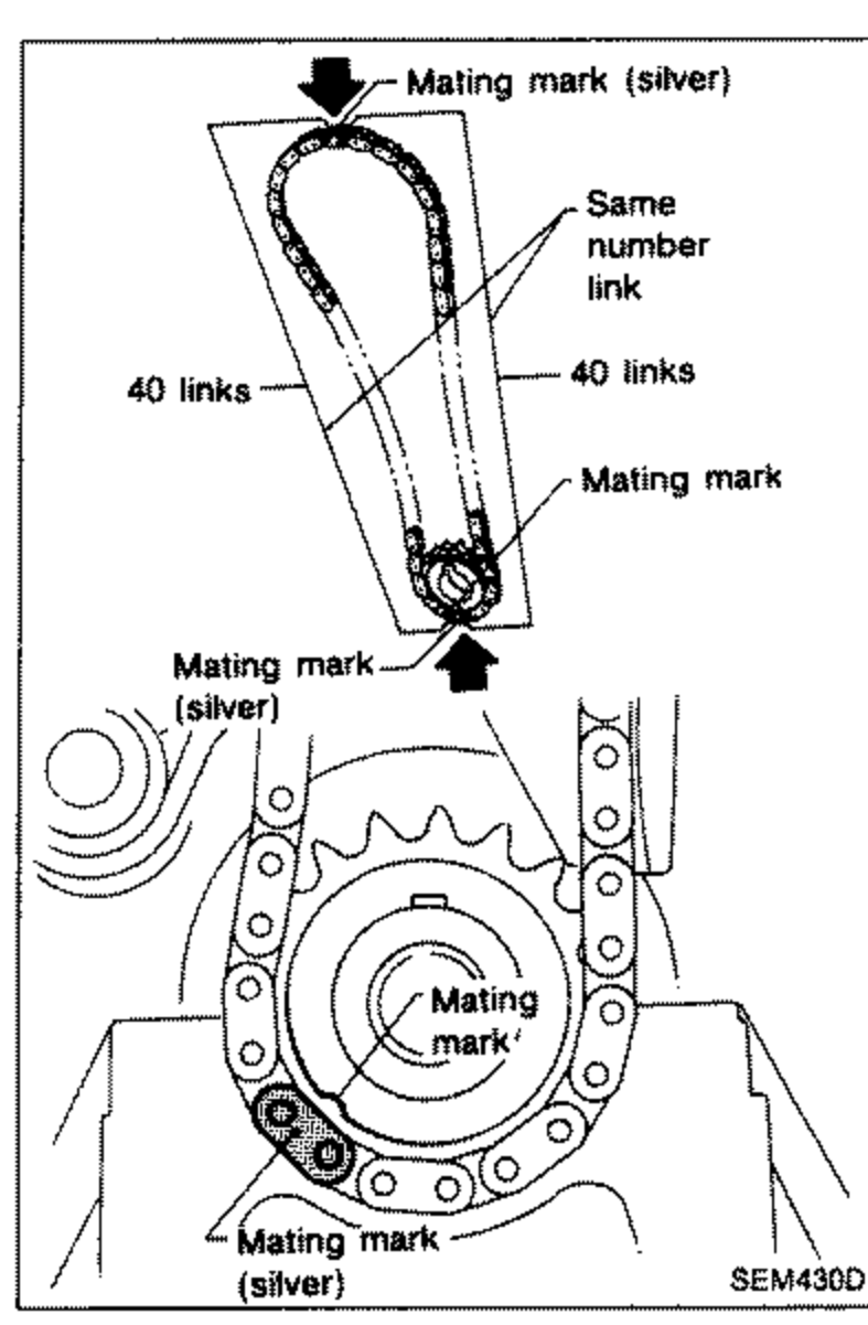 Diagram showing lower timing chain installation. The chain has mating mark (silver) links and the 'same number link' marker, with 40 links counted between mating marks on each side. The crankshaft sprocket shows its mating mark (silver) aligned with the chain mating mark.