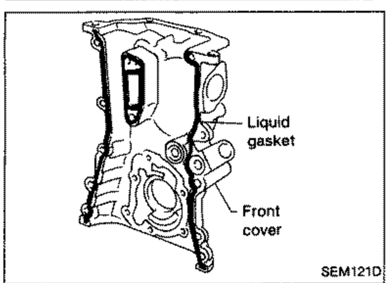 Photo of the front cover showing where liquid gasket is applied. Labels liquid gasket and front cover.