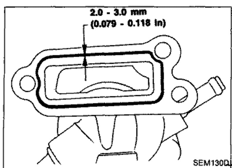 Diagram of the thermostat housing mating surface showing the liquid gasket bead applied at 2.0 - 3.0 mm (0.079 - 0.118 in) thickness.
