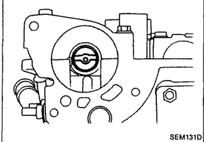 Photo of the distributor mounting area showing the correct camshaft position for distributor installation.