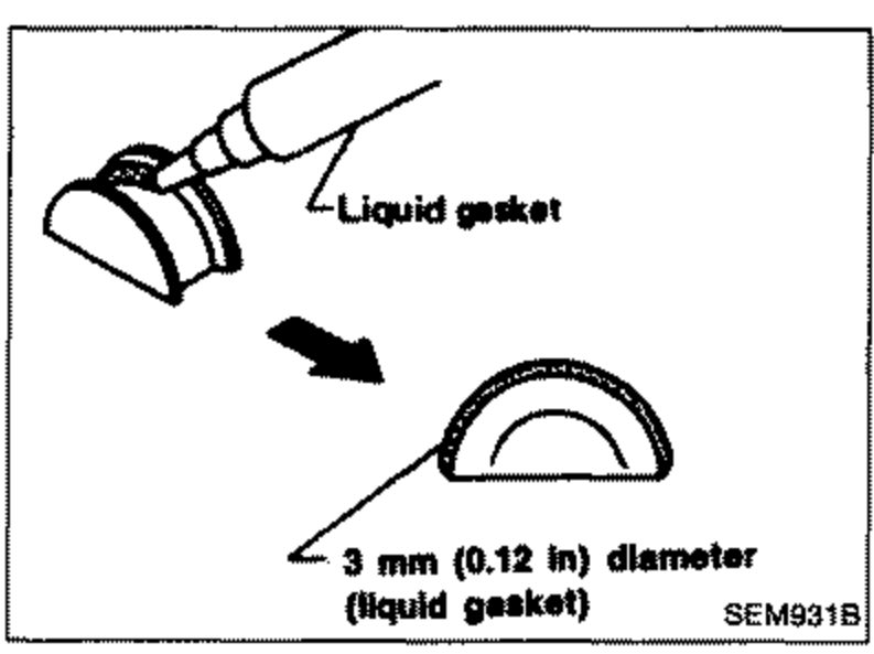 Diagram showing a rubber plug with liquid gasket applied; the gasket bead is 3 mm (0.12 in) diameter.