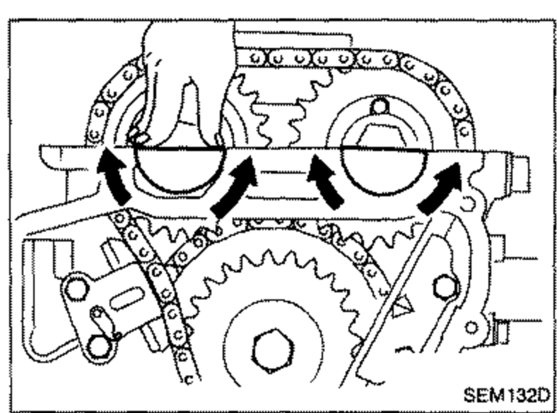 Photo of the cylinder head front showing the rubber plug locations with arrows indicating where rubber plugs are installed and gasket is spread.